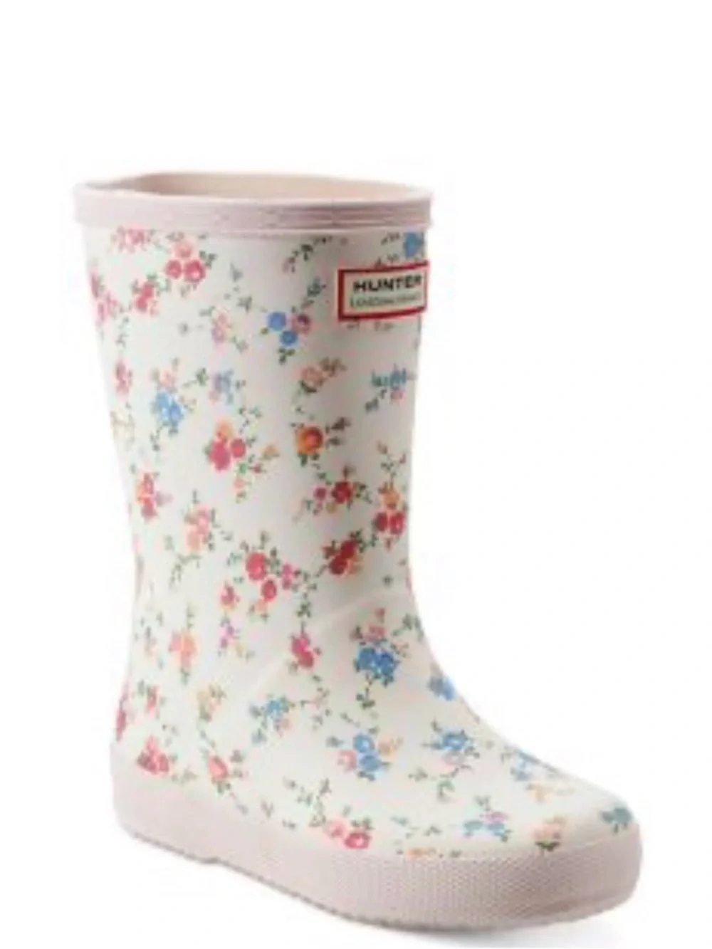 Hunter Kids Floral Rain Boot in White with Pink Trim and Multi-Color Flowers